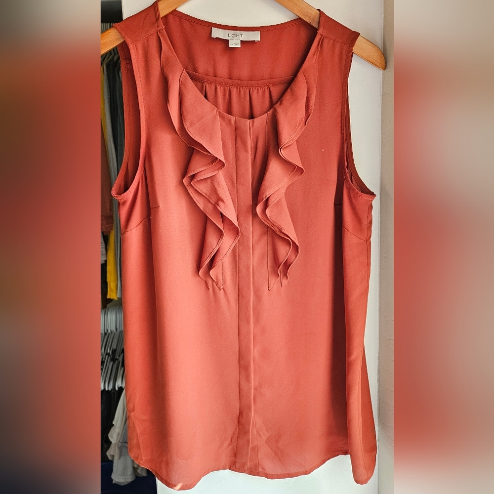 LOFT Sleeveless Ruffle Blouse - Terracotta